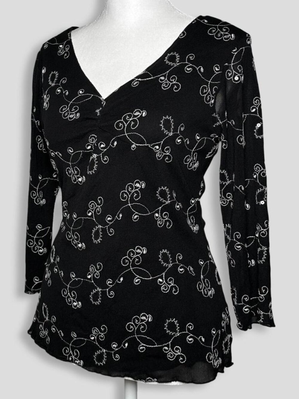 Sequined and Embroidered Black Mesh Blouse by Wrapper
